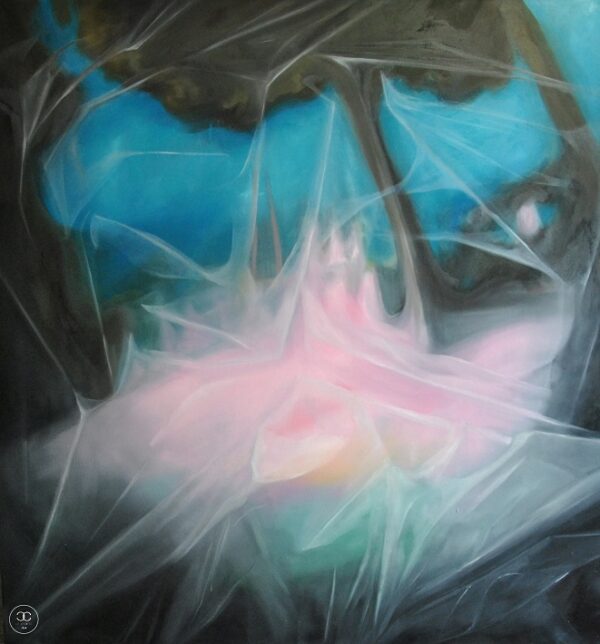Valahol a távolban - 2013. - 150x150 cm - Kézzel festett absztrakt modern vászon olajfestmény